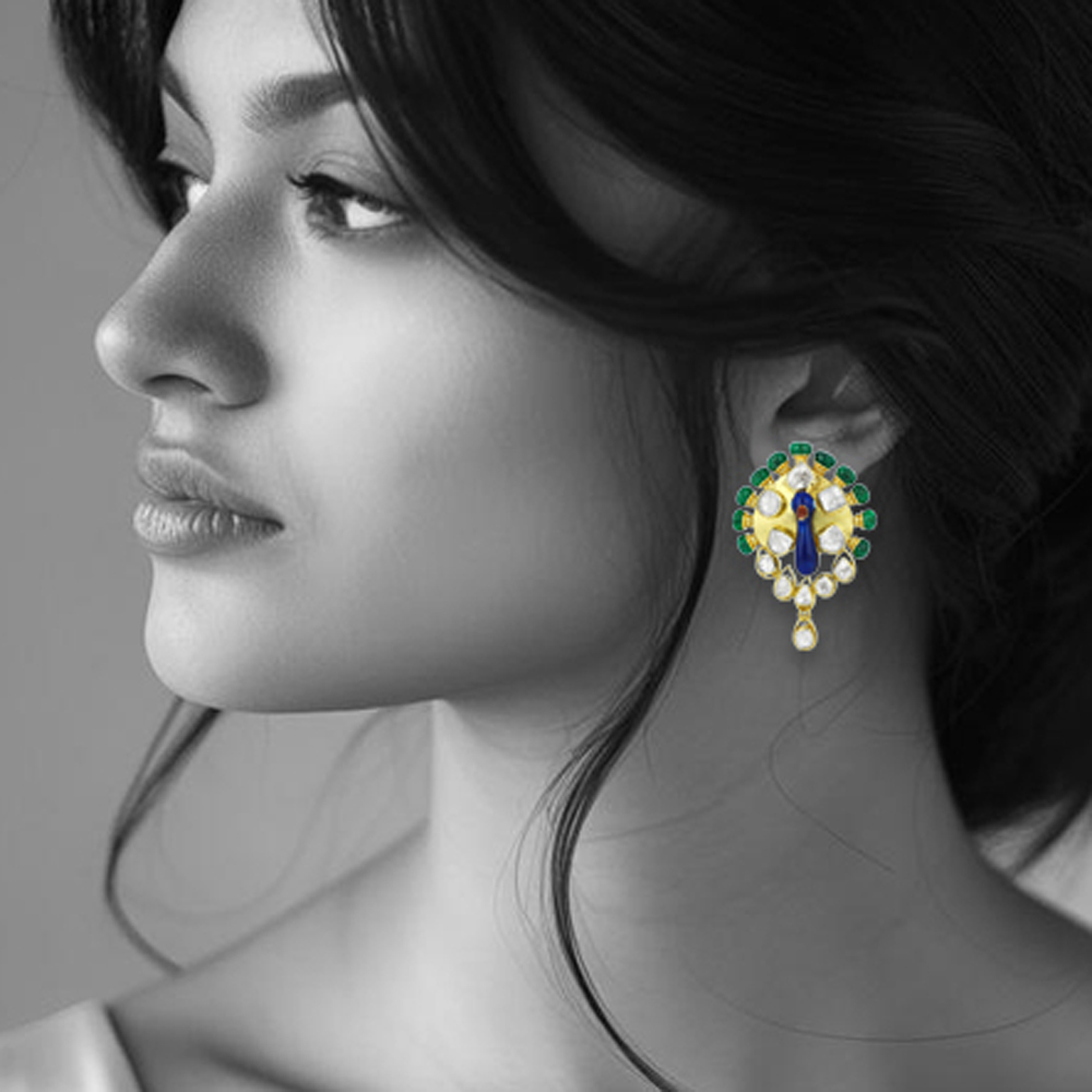 Peacock Polki Earrings with Blue Enamel and Emerald Beads